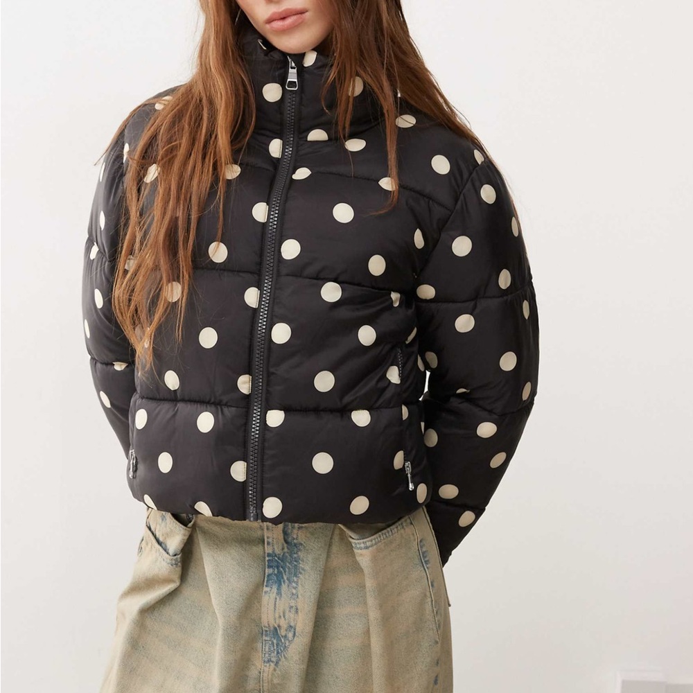 Monki Black and White Polka Dot Puffer Jacket